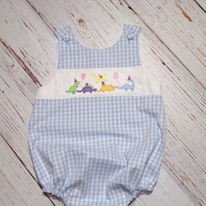 Dinosaur Birthday Bubble Romper, Blue Gingham Romper, Boy Dino Birthday Romper