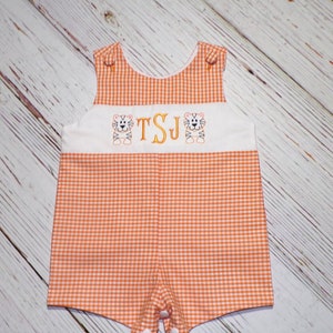 Tiger Jon Jon, Orange Gingham Jon Jon, Monogrammed Romper