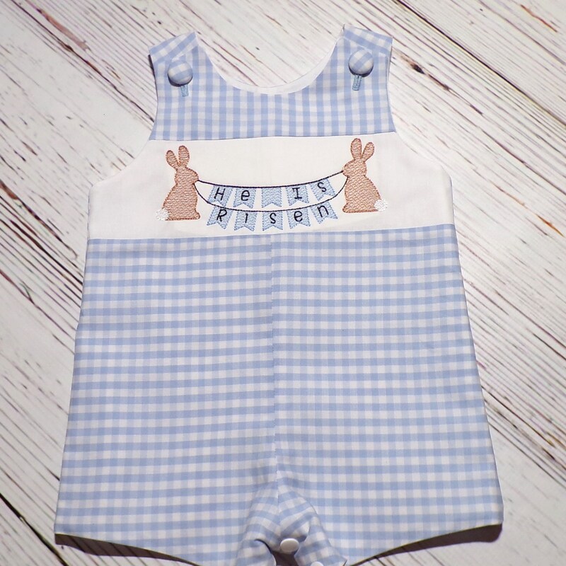 Anavini Boys Blue Gingham Jon Jon - Shadow Stitch Bunnies main image 1