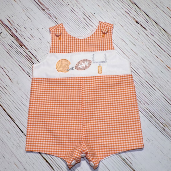 Boys Orange Gingham Jon Jon, Football Team Sketch Embriodery