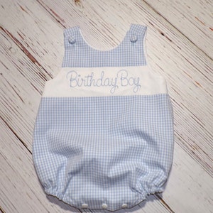 Birthday Boy Bubble Romper, Blue Gingham Romper