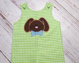 Boys Easter Jon Jon, Bunny Applique, Green Gingham Outfit