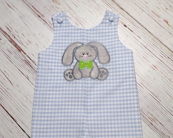 Boys Easter Outfit, Bunny Applique Blue Gingham Jon Jon