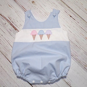 Baby Ice Cream Bubble Romper, Blue Gingham Romper