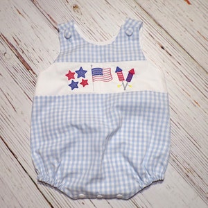 Baby 4th July Bubble Romper, Blue Gingham Romper, Independence Outfit