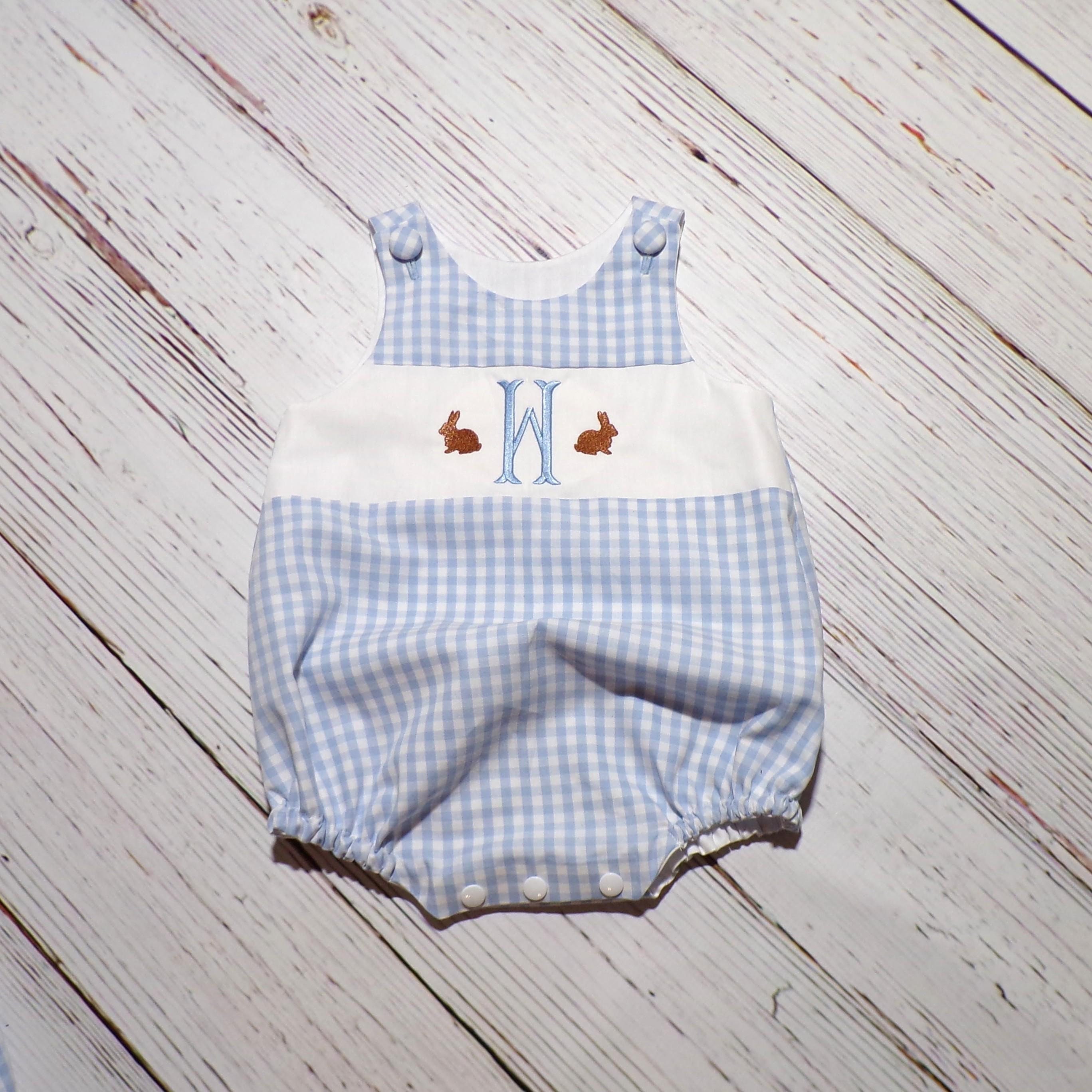 Bunny Baby Bubble Romper, Monogrammed Gingham Romper, Easter Outfit
