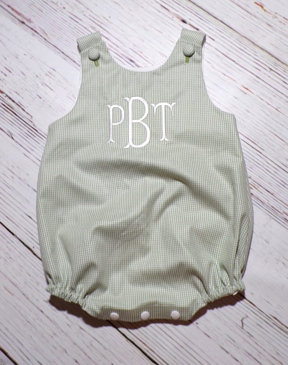 Baby Sage Green Gingham Romper, Handmade Bubble