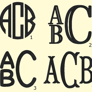 May include: Four different styles of monogram designs featuring the letters A, B, and C. The first design is a circular monogram with the letters overlapping. The second design has the letters stacked vertically. The third design has the letters stacked horizontally. The fourth design has the letters arranged in a curved line.