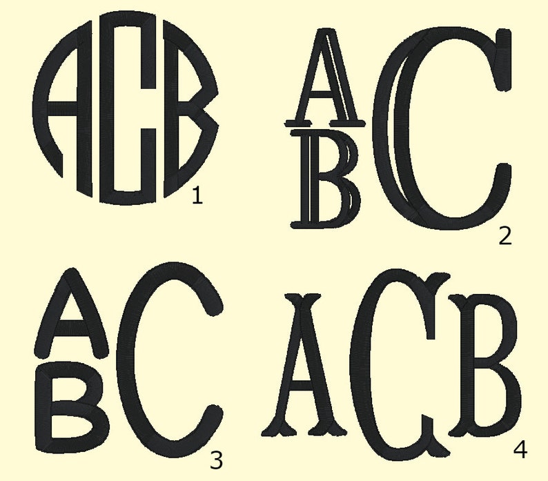 May include: Four different styles of monogram designs featuring the letters A, B, and C. The first design is a circular monogram with the letters overlapping. The second design has the letters stacked vertically. The third design has the letters stacked horizontally. The fourth design has the letters arranged in a curved line.
