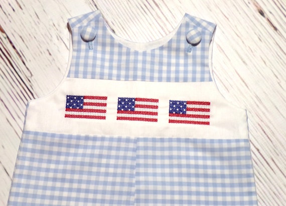 Boys 4th July Outfit, Patriotic Flag Jon Jon, Blue Gingham Romper