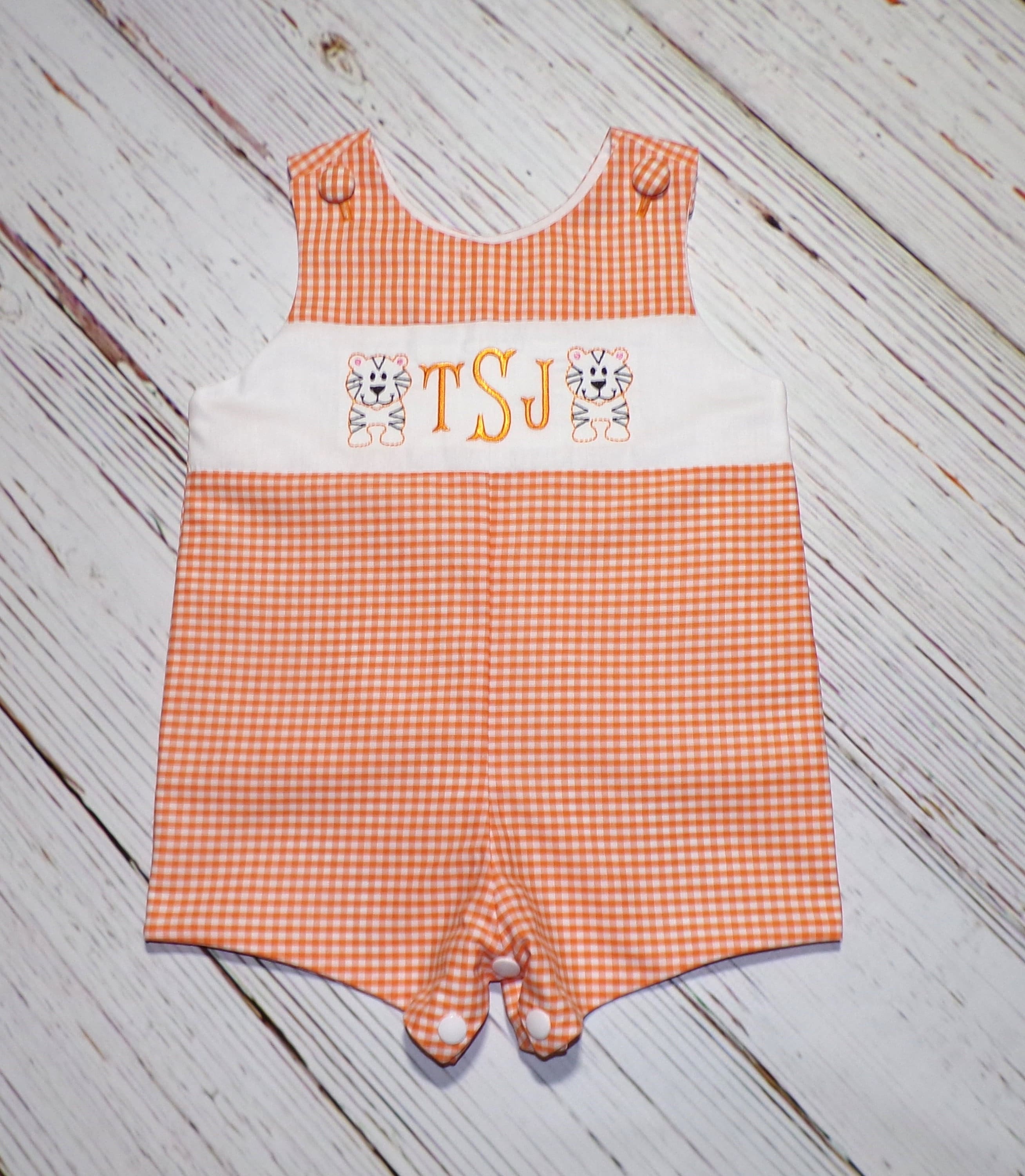 Tiger Embroidered Orange Gingham Jon Jon: Monogrammed Romper