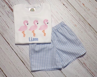 Boy Flamingo Outfit, Personalized Shirt & Gingham Shorts Set