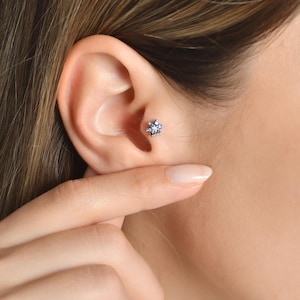 14K Gold Flower Piercing Stud – Lab-Grown Sapphire & Diamond, Flat Back Earring for Helix, Tragus, Cartilage, Dainty Jewelry