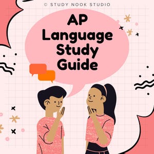 May include: Illustration of two people in pink shirts, conversing. A pink speech bubble contains the text "AP Language Study Guide." The background is a light pink grid with decorative elements.