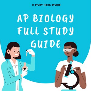 Może przedstawiać: Turkusowa i biała grafika z tekstem "AP Biology Full Study Guide". Przedstawiono dwie ilustrowane postacie, jedną trzymającą zakraplacz, a drugą używającą mikroskopu. Logo Study Nook Studio znajduje się u góry.
