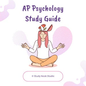 May include: An illustration of a person meditating with an open head, revealing flowers. The text "AP Psychology Study Guide" is above the figure. The image has a soft colour palette with a light pink background and the text "Study Nook Studio" at the bottom.