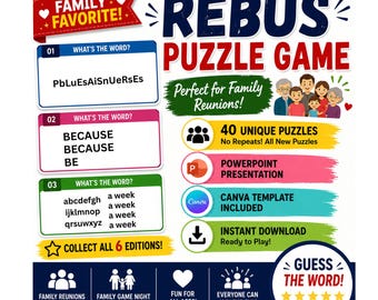 40 Rebus-Rätsel | Worträtsel | Rebus-Spiel | PDF, druckbare PPT- und Canva-Versionen | Kennenlernspiel für Familientreffen, Geburtstage und Feiertage