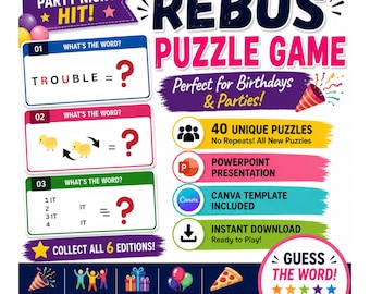 Könnte beinhalten: Ein farbenfrohes Rebus-Puzzle-Spiel-Grafik mit dem Text "REBUS PUZZLE GAME" und "Perfect for Birthdays & Parties!". Enthält Beispiel-Puzzles und Symbole für PowerPoint, Canva-Vorlage und Sofort-Download. Mit "Errate das Wort!"