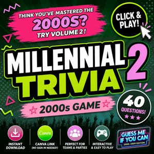 May include: A digital trivia game graphic titled Millennial Trivia 2 with bright pink and lime green text on a dark background. It features the text Think you've mastered the 2000s? Try Volume 2!, 40 Questions!, and Guess Me If You Can 2000-2009 Edition.