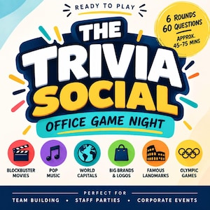 Op de afbeelding: De speldoos van The Trivia Social Office Game Night heeft dikke witte en gele tekst op een donkerblauwe achtergrond. Het bevat zes ronde iconen die categorieën vertegenwoordigen zoals films, muziek, geografie, merken, bezienswaardigheden en de Olympische Spelen.