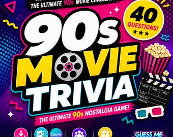 90s Trivia Night Birthday Party Game | Nostalgia Movie Game for Millennials | Easy PowerPoint and Canva Party Game Download