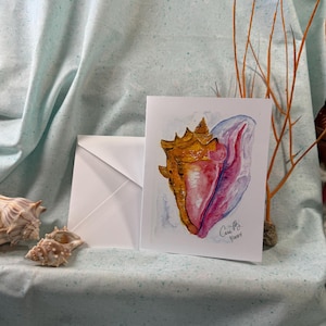Arte costero, conchas marinas en acuarela, tarjetas con paisajes marinos, juego de tres tarjetas, tarjetas de felicitación, tarjetas en blanco, impresiones originales en acuarela