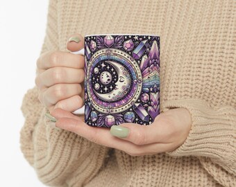 Cosmic Moon & Crystals Ceramic Mug, Coffee Cup Teacup, Celestial Gift for Astrology New Age Her Mom Sister, Mystical Whimsical Kitchenware