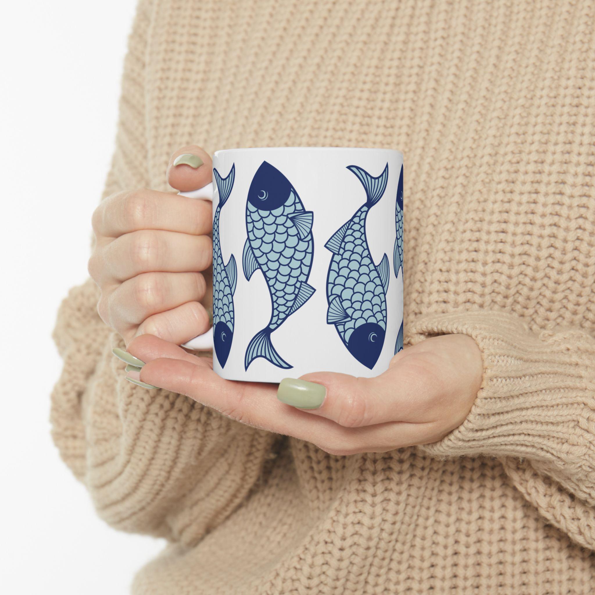 Blue Fish Ceramic Mug, Colorful Coastal Coffee Cup, Nautical Kitchen Decor, Ocean Lover Gift, Handheld Teacup, Sea Life Pattern Drinkware