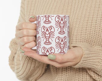 Coastal Lobster Ceramic Mug, New England Maine Lobsters Coffee Cup, Ocean Sea Nautical Teacup Coastline Kitchenware Drinkware, Line Art