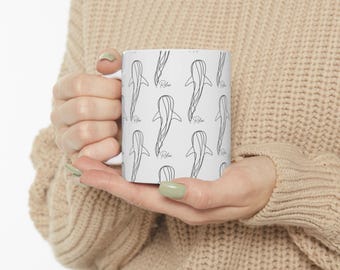 Whale Shark Ceramic Mug, Relax Ocean Nautical Coffee Cup, Drinkware Kitchenware, Line Art Graphic Gift for Scuba Diver Nature Fish Lover
