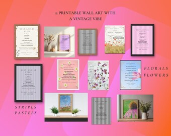 12 Printable Colorful Wall Art| Vintage vibes| Flowers and Florals| Stripe background| Uplifting Mindful quotes| Download