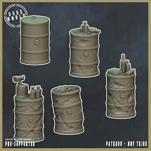 Barrels and Water Pump terrain elements (Nuke World) 32mm scale minis for Wargames IE: Fallout, Grimdark, Legion, OPR, Stargrave, etc..
