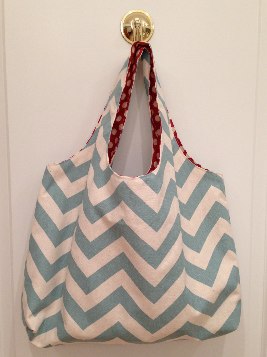 Canvas Tote Bag Aqua Chevron With Green Latice Design | Etsy