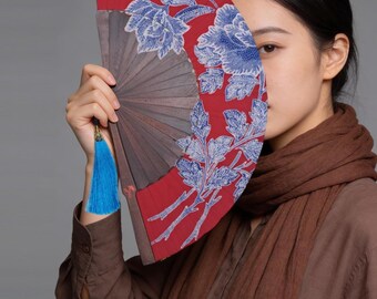 Handmade Teak Wood Folding Fan, Batik Fabric, Indonesian Artisan Souvenir (19 cm)