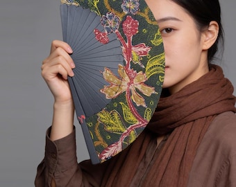 Exclusive Batik Handfan, Indonesian Traditional Fabric, Teak Wood Sticks, Tassel Detail