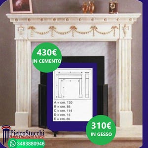May include: A white fireplace mantel with ornate detailing, including a garland of leaves and a decorative molding. The fireplace is shown in two versions: one made of cement for $430 and one made of plaster for $310. The dimensions of the fireplace opening are listed in centimeters. The text "CAMINO BERLINO" is displayed below the image.