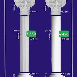 Op de afbeelding: Twee witte gipsen kolommen met decoratieve kapitelen. De kolommen zijn 63 cm breed, 200 cm hoog en 30 cm diep. De kolommen zijn gelabeld met de tekst "ART 547", "ART 564", "ART 565" en "ART 548". De kolommen zijn geprijsd op € 550 en € 450.