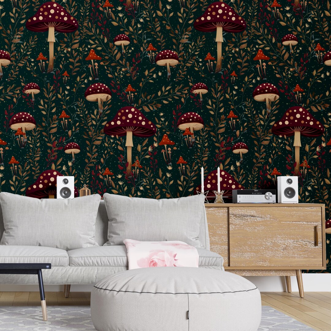 Dark Whimsical Mushroom Wallpaper, Forest Botanical Whimsical Wallpaper ...