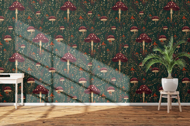 Dark Whimsical Mushroom Wallpaper, Forest Botanical Whimsical Wallpaper ...