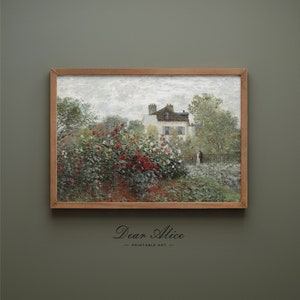 French Country Landscape Painting of a garden of roses, framed in a Rustic Wood Frame on the green wall of a modern decor | Dear Alice Digital Art