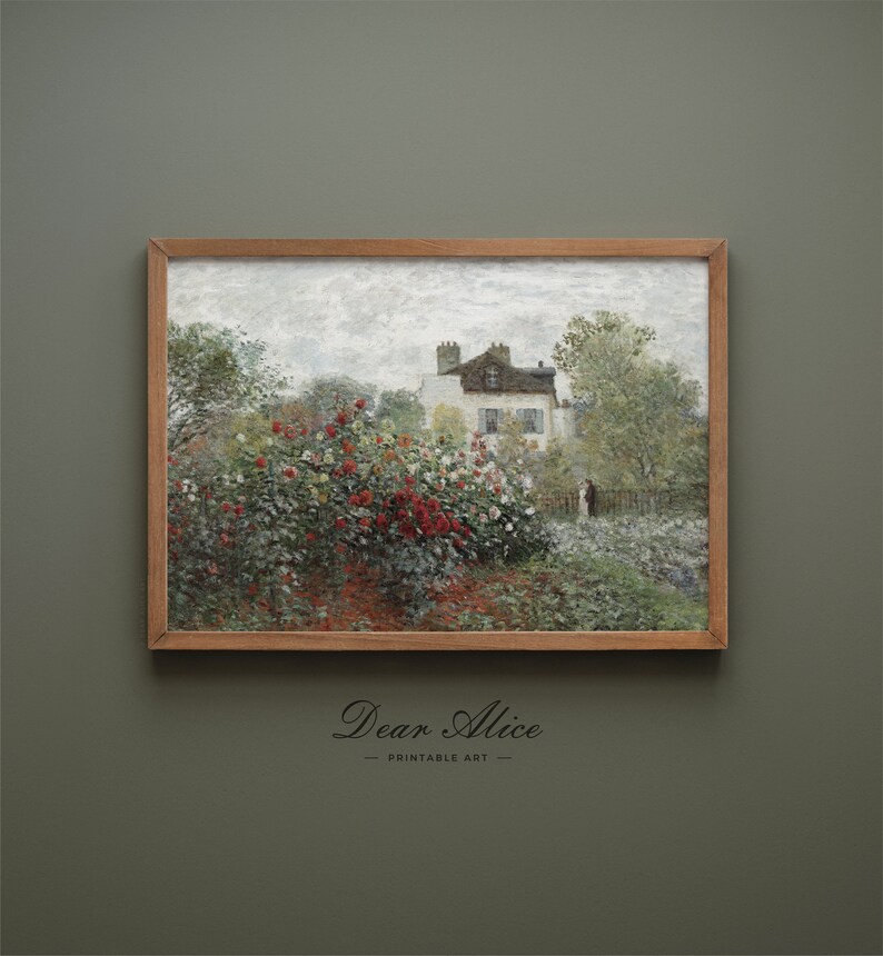 French Country Landscape Painting of a garden of roses, framed in a Rustic Wood Frame on the green wall of a modern decor | Dear Alice Digital Art