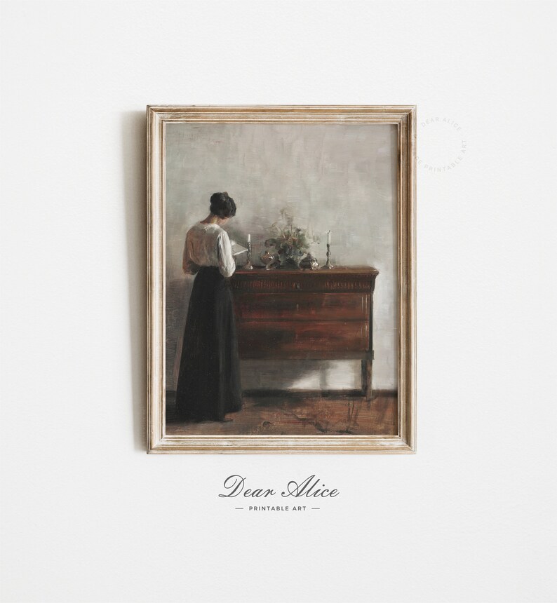 Moody Oil Painting of a Woman Reading Portrait, framed in an Antique White Washed Picture Frame. | Dear Alice Downloadable Art