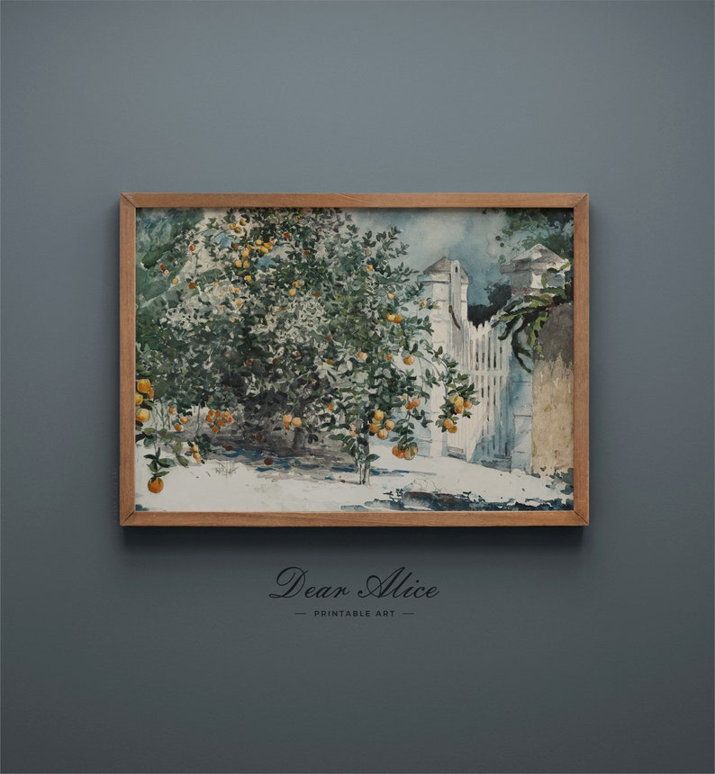Spanish Architecture Vintage Painting of orange and citrus trees, framed in an antique wooden frame hung on the gray-blue wall of a modern farmhouse decor | Dear Alice Printable Art