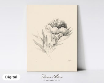 Flower Drawing, Botanical Art, Floral PRINTABLE Wall Art, Vintage Flower Sketch, Moody Floral Art, Digital Art Print, Neutral Decor —DA0010