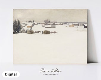 Winter Landscape Painting, Minimalist Winter Painting, Neutral Winter Decor, PRINTABLE Art, Christmas Wall Art, Christmas Cottage Art—DA0013