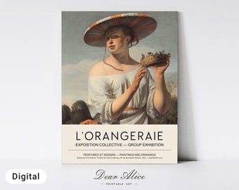 Printable Farmhouse Kitchen Art, L'Orangeraie Art Exhibition Poster, Antique Woman Portrait Painting, Woman with large hat + oranges—DA0050