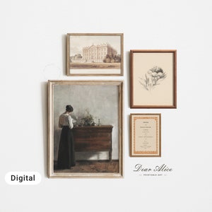 Pride and Prejudice Gallery Wall Set including Instant Digital Downloads of 4 Vintage art prints. Portrait of a woman from the 1800s reading a book | Book cover inspired by Jane Austen Famous Novel; Drawing of Mr Darcy s house |  Botanical drawing.