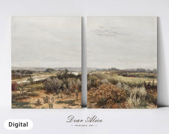 Neutral Landscape Painting, Set of TWO, Field of Bushes, PRINTABLE Gallery Wall Art Pair, 2 piece Wall Art, Cottage Living Room Decor—DA0051