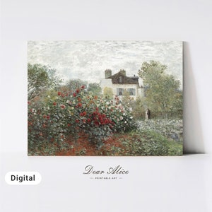 Vintage Printable Wall Art of a house with a garden of roses and a couple | Dear Alice Art