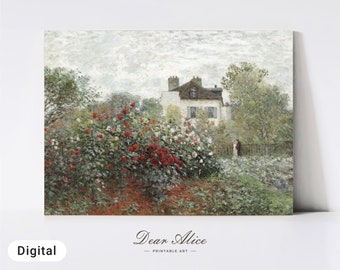 Jardín de rosas en flor, pintura floral arte IMPRIMIBLE, pintura botánica vintage, jardín francés de rosas, impresión digital, decoración de cabañas—DA0029